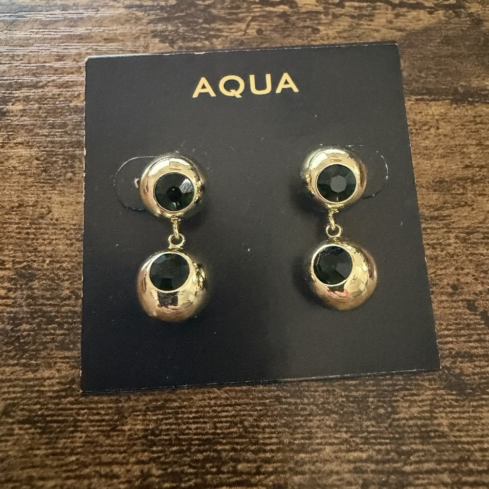 Aqua Emerald Gemstone Drop Earrings Gold Tone